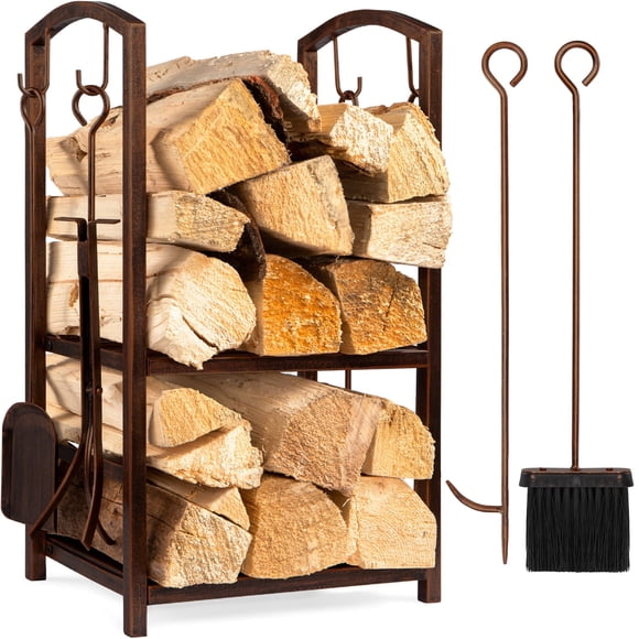 Best Choice Products 5-Piece Indoor Outdoor Wrought Iron Firewood Log Storage Rack Holder Tools Set for Fireplace, Fire Pit, Stove w/Hook, Broom, Shovel, Tongs - Copper