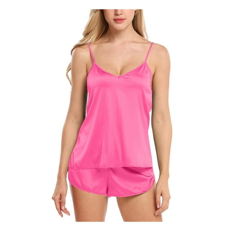 

BIZIZA Womens Soft Pajama Set Plus Size 2 Piece PJ Sets Cami Top and Shorts V Neck Loungewear Sleepwear Hot Pink L