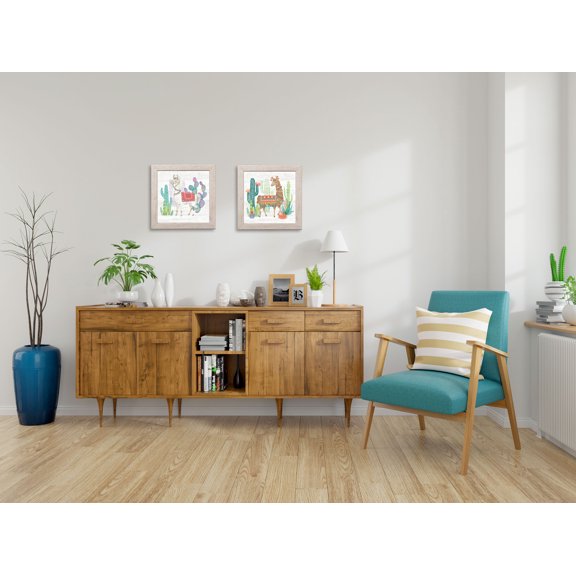 Gango Home Decor Southwestern Lovely Llamas Wall Art; Two Multi-Color 12x12in Art Prints in Distressed White Frames