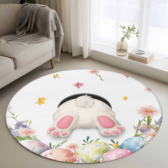 Round Rugs 3.3Ft, Easter Round Area Rug Washable Indoor Throw Carpet, Spring Rabbit Feet Eggs Botanical Blooms Flowers Soft Non Slip Circle Rug for Laundry Room Patio Home Decor Aesthetic