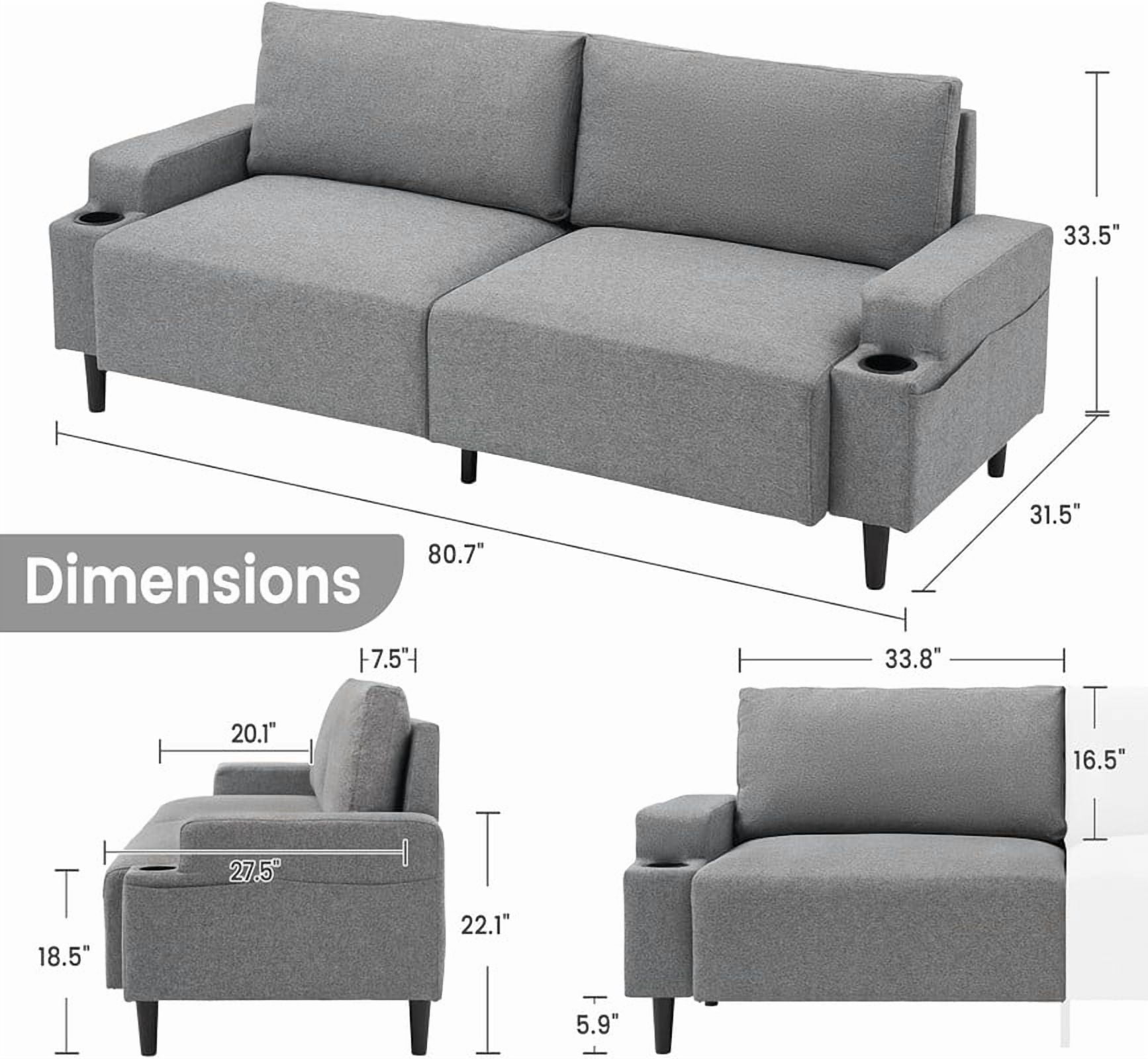80 Inch Grey Modern Loveseat Sofa with Cup Holder, Deep Seat Sofa - Comfortable Sofa for Living Room