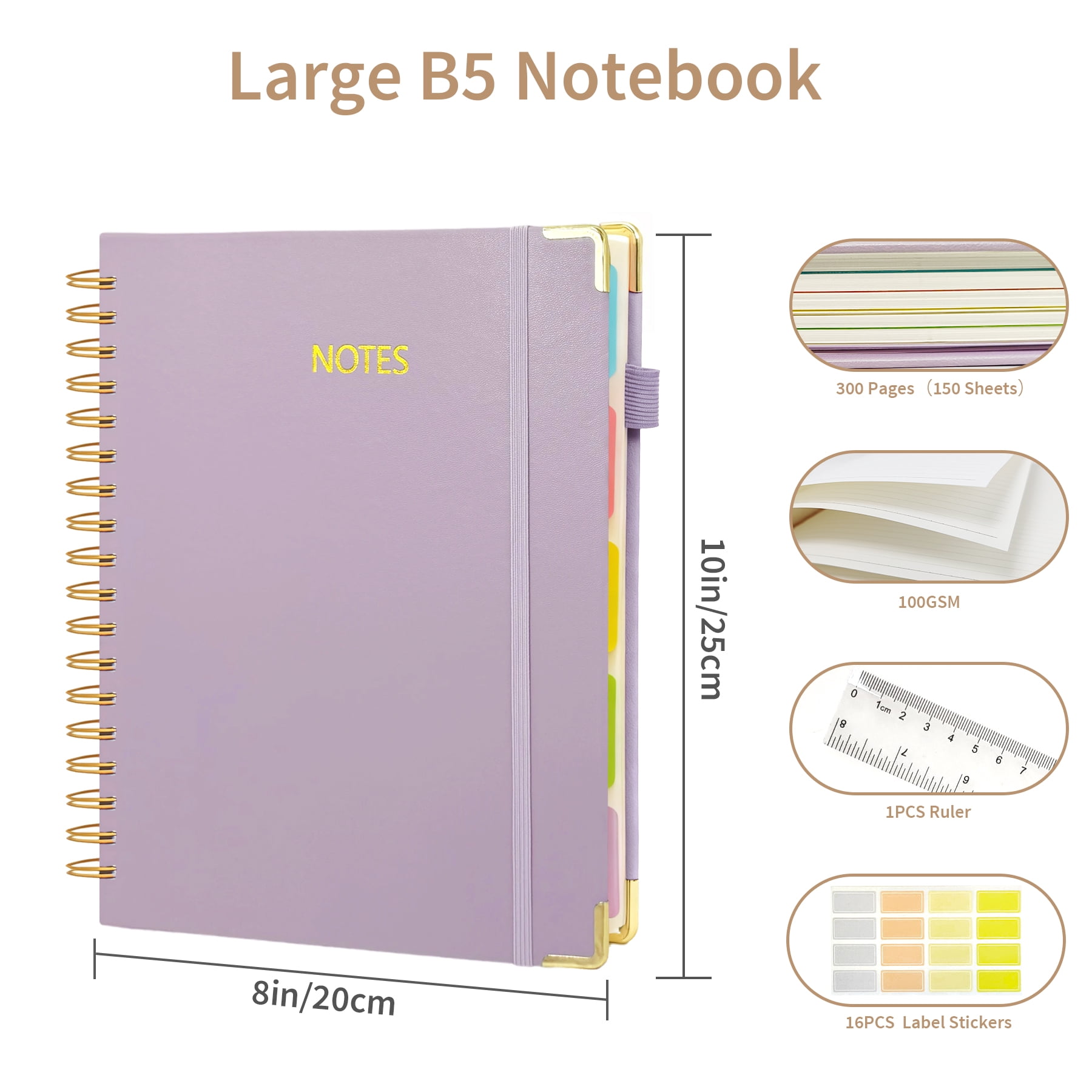 1Pack Hardcover Spiral Notebook with Tab, Ruler &  Removable Dividers, 300 Pages 8"x10" Large B5 Faux Leather Notebooks, 5 Subject Notebook College Ruled for Work, Home (Purple)