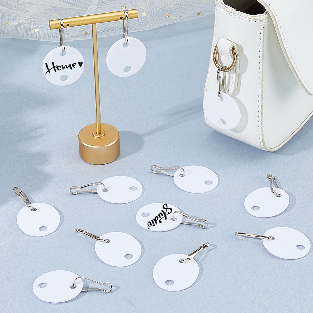 120Pcs PP Plastic Key Chain Tags with Iron Snap Hooks Double Sided Writable Tags Flat Round White 52mm