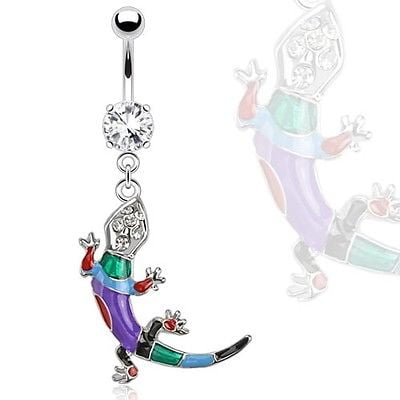 Multi Stone Dangle - Belly Button Ring Multi Colored Epoxy Lizard Gems Dangle Navel Ring
