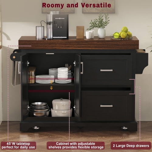 53" Large Kitchen Island with 3.5" Thick Desktop, Rolling Kitchen Cart with 5 Wheels, 2 Extra-Large Drawers & Cabinet, Spice Rack, Towel Rack, for Home, Kitchen, Dining Room, Black
