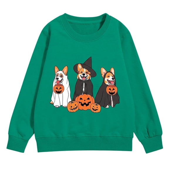 CPNG Girls and Boys Halloween Sweatshirt Crewneck Long Sleeve Pullover Tops with Corgi Pumpkin Print Loose Casual Daily Pullovers