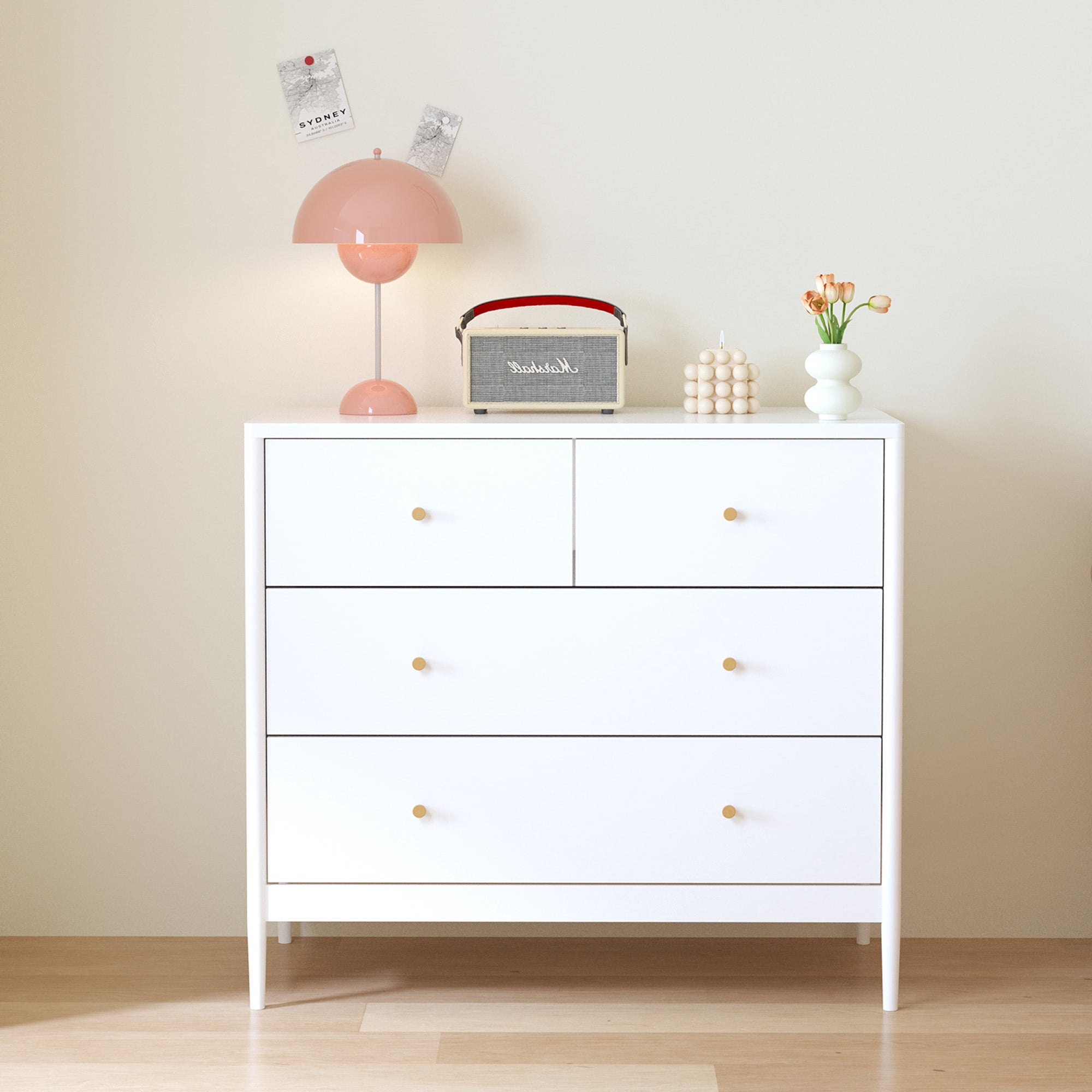 4-Drawer Dresser for Bedroom - White Wood Chest of Drawers Closet Storage Cabinet Organizer for Bedroom, Living Room, Hallway & Office