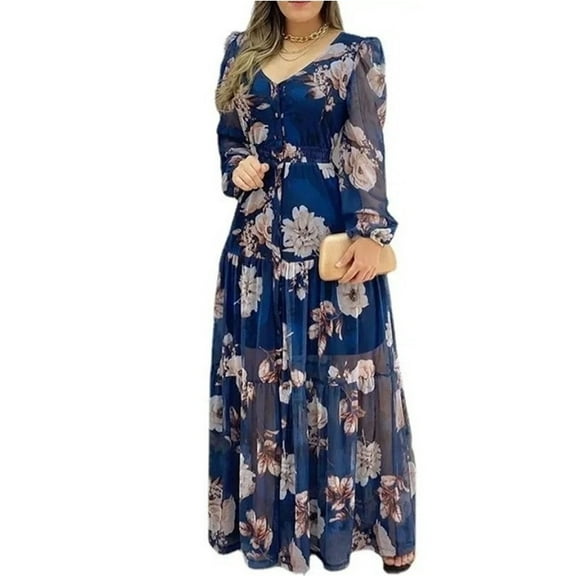 Lined Blue Printed Chiffon Dress