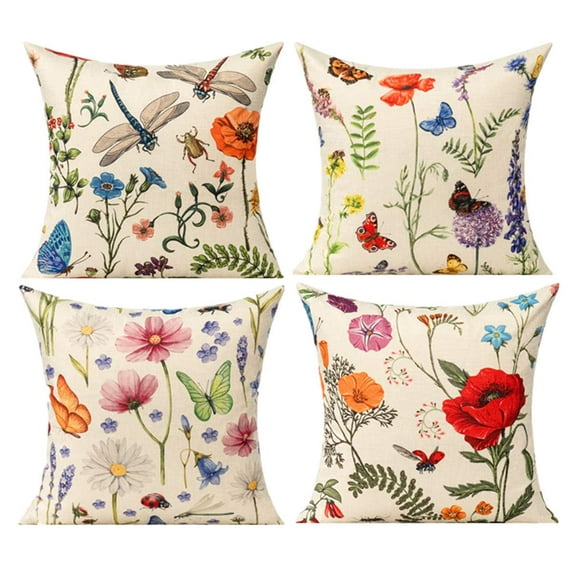 Outdoor Spring Throw Pillow Covers Garden Flowers Farmhouse Décor Outside Furniture Bench Chair Decorative Cushion Cases 18x18 Set of 4 for Swing Deep Seat Bed Couch Sofa