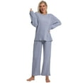 thumbnail image 3 of DAKIMOE Lounge Sets for Women Pajamas Long Sleeve Sleepwear Soft Nightwear 2 Piece Pjs Ribbed Knit Fall Winter Outfits Pockets, Gray Blue, XXL, 3 of 9