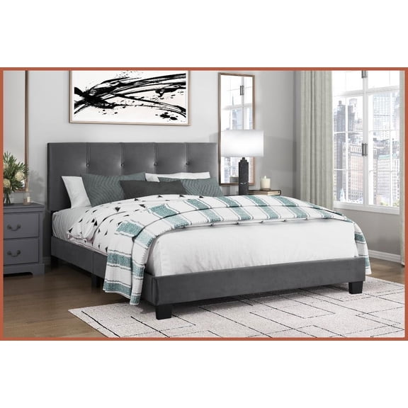 Queen Size Solid Wood Platform Bed - Dark Gray Velvet Upholstered with Adjustable Headboard for Bedroom
