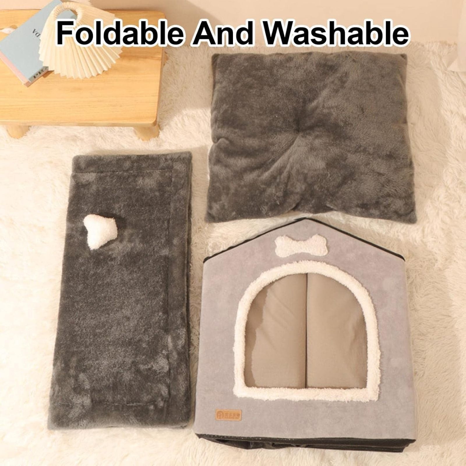 SQDWYGUO Foldable Dog House Kennel Bed | Enclosed Warm Plush Sleeping Nest Bed with Removable Cushion | Plush Pet House Dog Cat Kennel with Removable Cushion Suitable for Small and Medium-Sized Dogs
