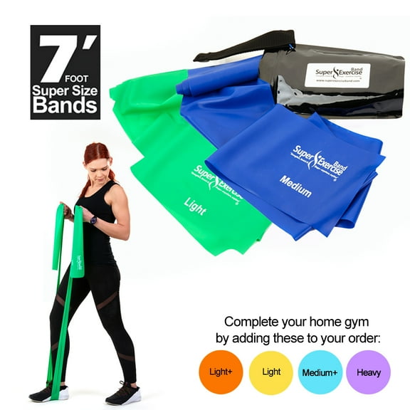 Super Exercise Band USA Light and Medium Strength 7 ft. Long Resistance Bands Set of 2. Latex Free Resistance Band. Door Anchor, Carry Pouch, E-book, and iPhone App included.