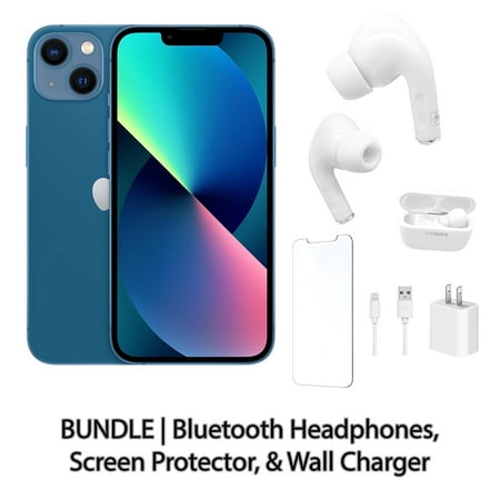 Restored Apple iPhone 13 128GB Blue Fully Unlocked with Bluetooth Headphones, Screen Protector, & Wall Charger (Refurbished)