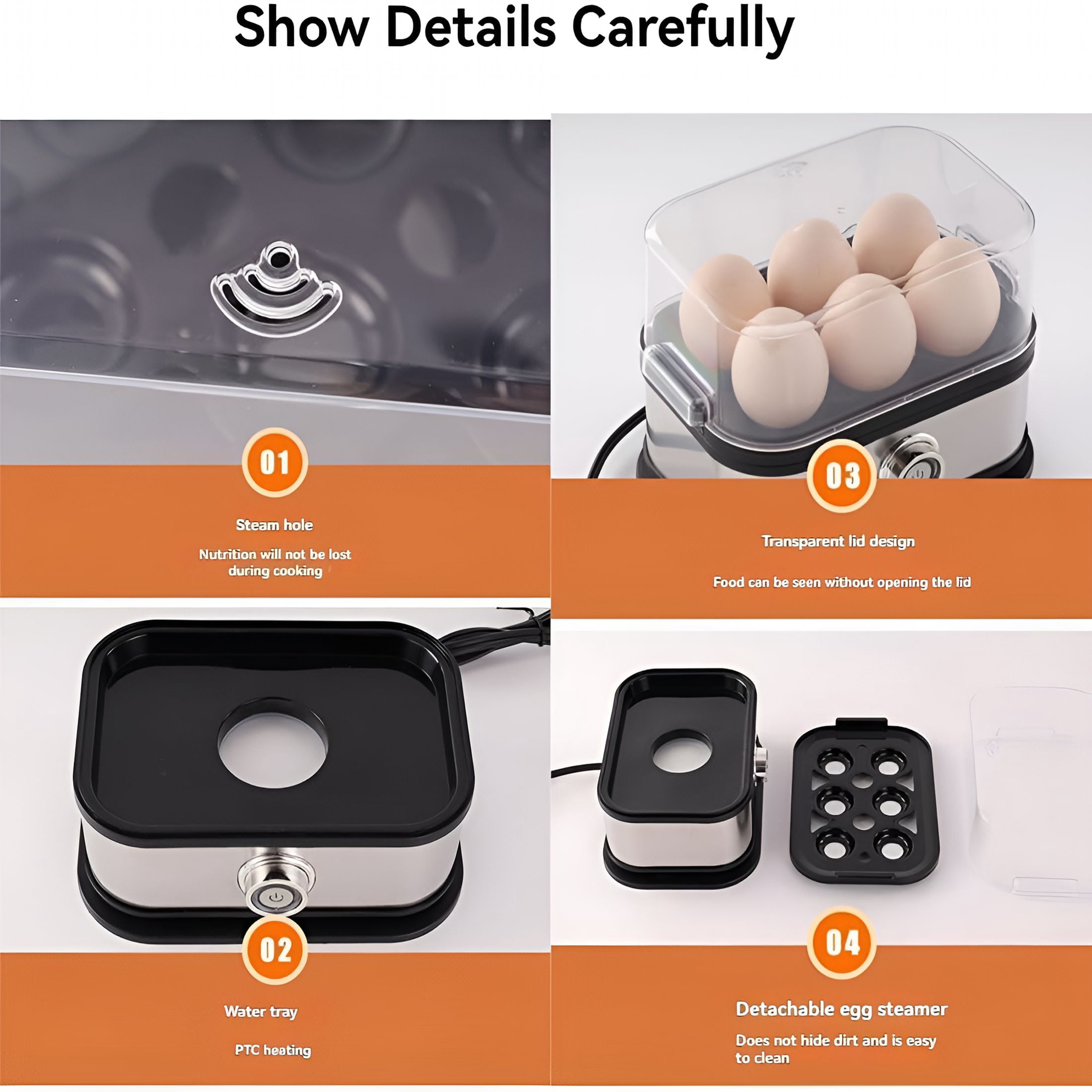 HIBIBUD Smart Egg Cooker with Auto Shut,Rapid Egg Cooker Electric 6 Eggs Capacity,Hard,Medium,Soft Boiled Egg Poacher,Egg Steamer,Multi-Function,Knob Controlled Auto Shut-Off Function