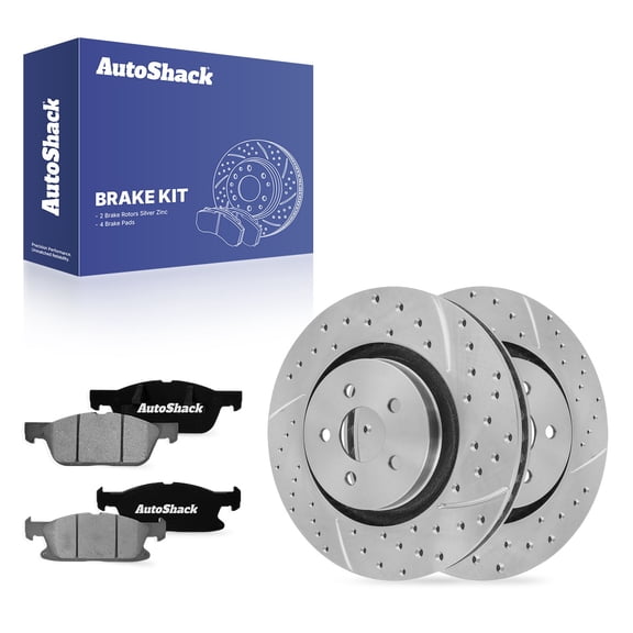 AutoShack Front Brake Rotors & Ceramic Pads for Ford, Edge 2015-2021, FWD AWD L4 2.0L V6 2.7L 3.5L - Silver Zinc Coated Drilled & Slotted - SilverShield Pro - 13.58" (345 mm), 5-Lug