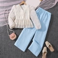 thumbnail image 2 of Afdoent Girls 2 Piece Outfits Lace Blouse Top Solid color Loose Casual Wide Leg Long Pants Outfit, 2 of 4