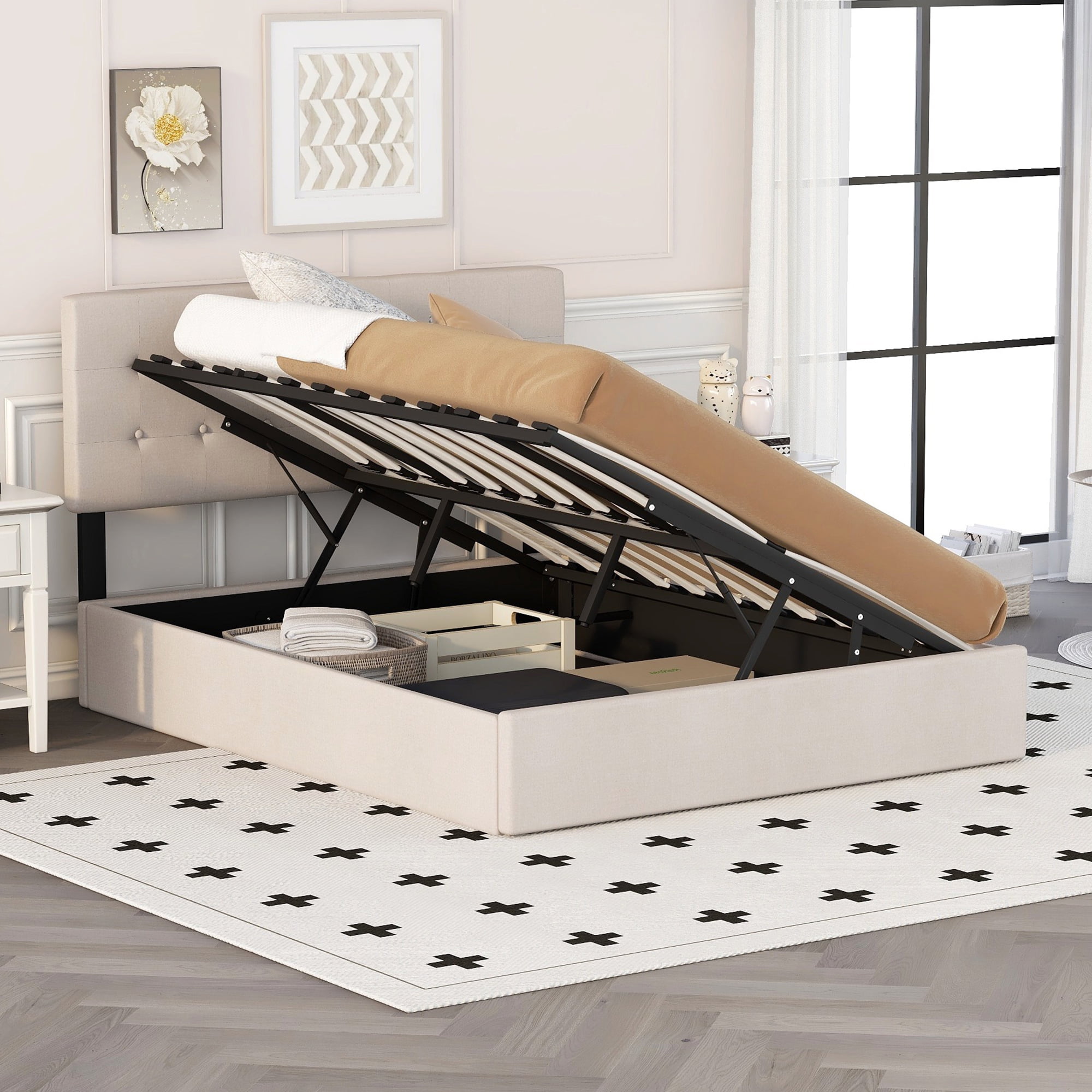 Queen Size Upholstery Platform Bed with Lift up Storage Underneath, Beige