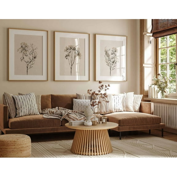 3 Pieces Art Prints Beige Botanical Line Poster Pictures Botanical Canvas Wall Painting for Home Office Decoration with Inner Frame
