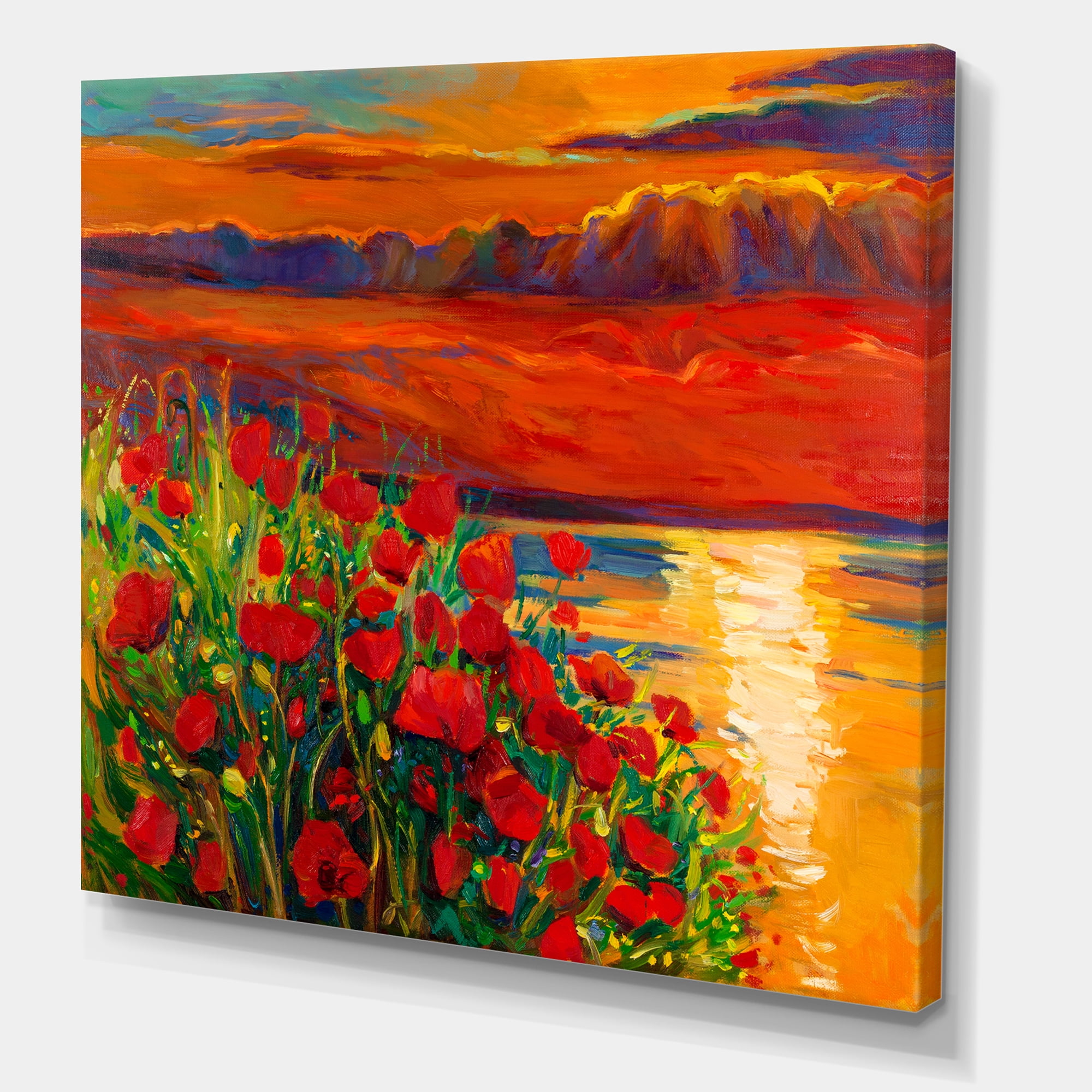 Designart ' Red Poppies By The Ocean During Evening Glow ' Nautical & Coastal Canvas Wall Art Print