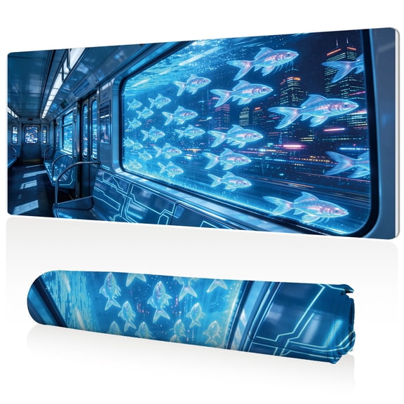 LIVEKEY XXL Gaming Mouse Pad 80x40x0.3cm Underwater City Train Queen Fantasy Art Non Slip Full Desk Coverage Durable Easy Clean Stitched Edges for Office