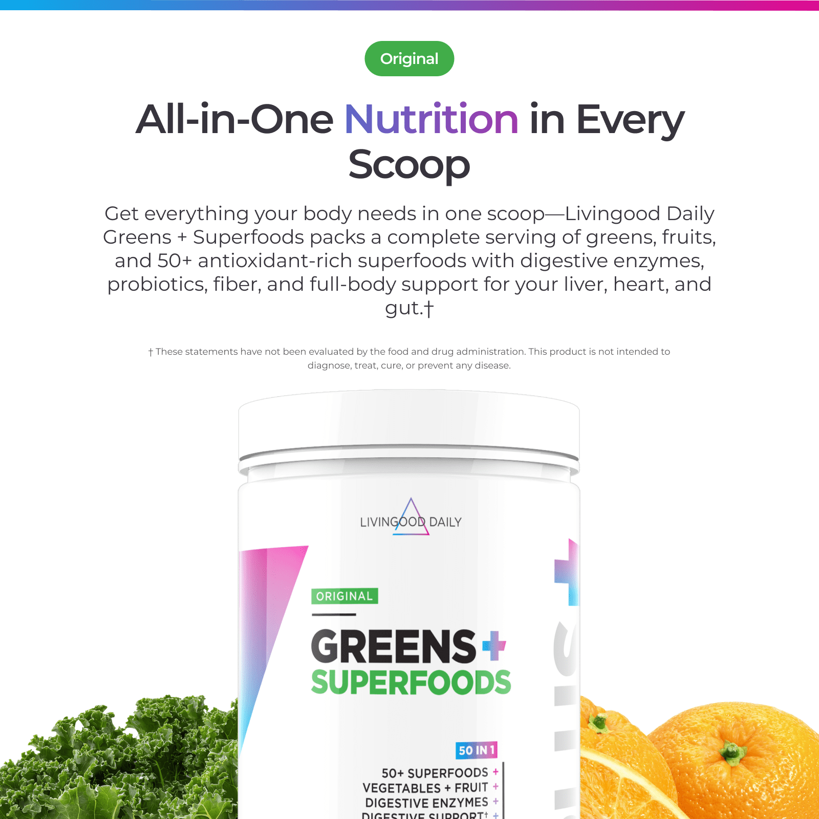 Livingood Daily Greens & Superfood Powder, Super Greens for Gut Health, Green Juice Powder with Spirulina, Chlorella, and Digestive Enzymes, Probiotics for Digestive Support, Original Flavor, 30 Srvg