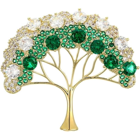 Green Rhinestone Tree Brooch Pin for Women Men Alloy with Gold Plated Elegant Crystal Plant Brooches Lapel Pins Dainty Dress Accessories Jewelry for Father Mother
