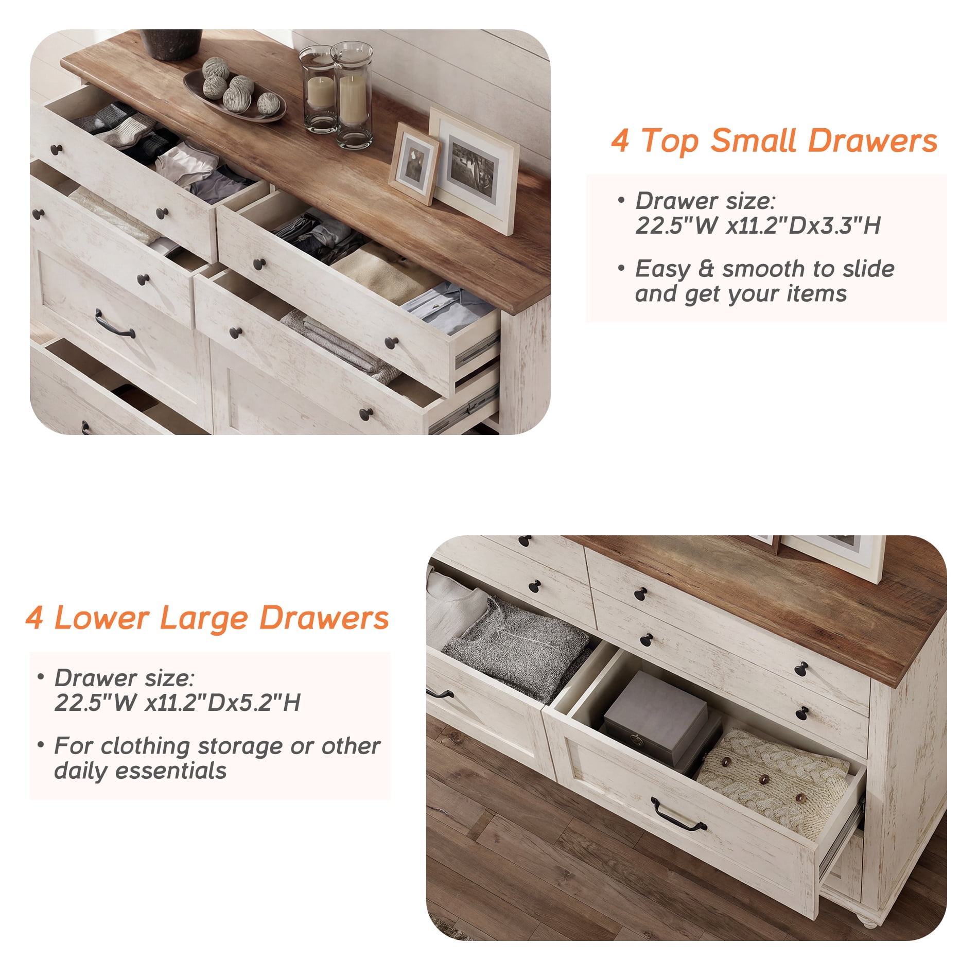 Mid Century Dresser with 8 Drawers, Wooden Kids Dresser for Kids Room Living Room, Antique White