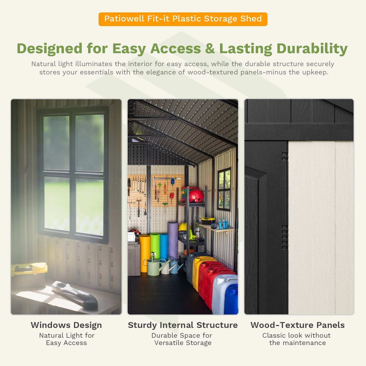 Patiowell 8x6 FT Outdoor Storage Shed with Floor, All-Weather Resin Garden Shed with Window & Lockable Door, Easy Assembly Tool Storage for Backyard, Patio, Gray/White