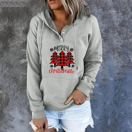 

jsaierl Hoodies for Women Button Up Long Sleeve Shirts Christmas Sweatshirt Plaid Tree Graphic Tops Cute Tunic Tops to Wear with Leggings Henley Blouse Tee
