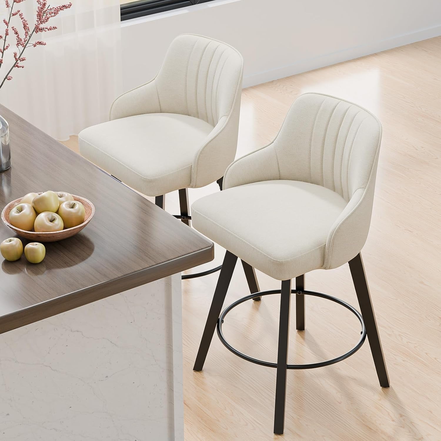 VINGLI 26" H Swivel Barstools Set of 2, PU Leather Upholstered Counter Stool with Back, Kitchen High Chairs Counter Height Bar stools with Cushion, Solid Wood Legs, Black
