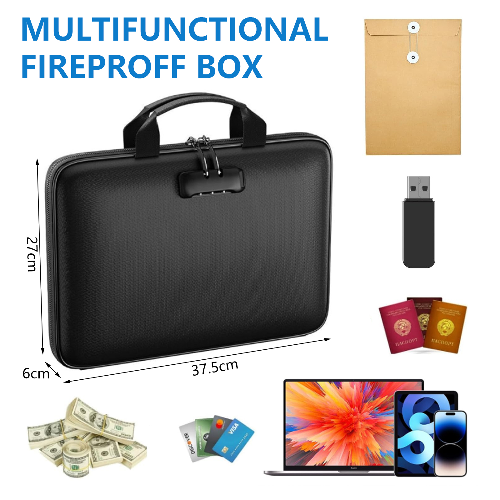 Gijjgole Fireproof Document Box with Lock, Hard-Shell Case Fireproof Box with 13 Pockets Accordion File Folder, Important Document Organizer for Letter A4 Files Laptop Passports