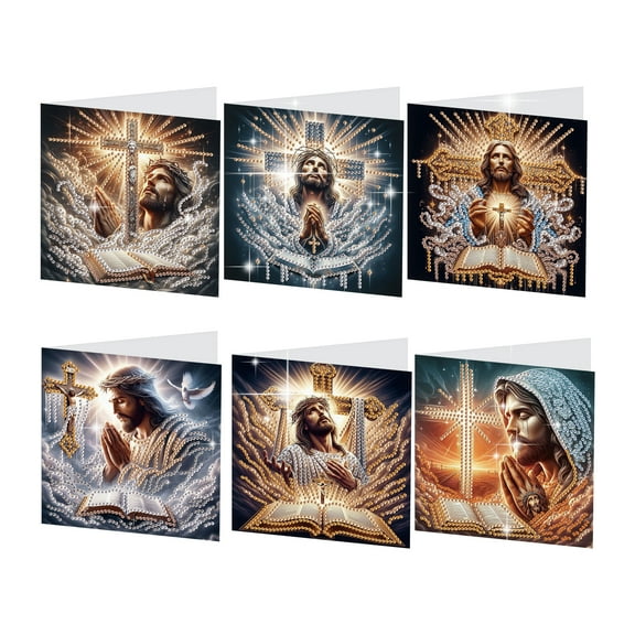 6pcs Diamond Painting Kit Greeting Cards, Cross Jesus 5D Handmade Art Birthday Holiday Gift Cards with Envelopes