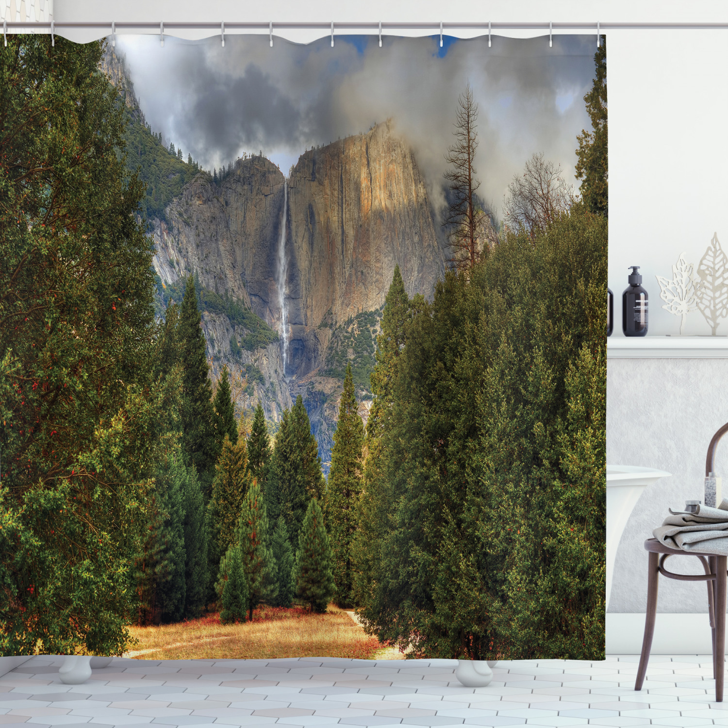 Yosemite Shower Curtain, Yosemite Falls Evergreen Forest Fall Season