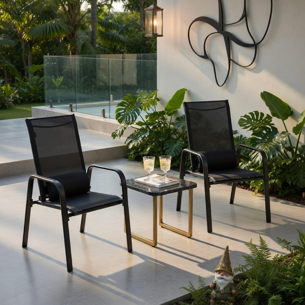 Hommoo 3-Piece Outdoor Bistro Set, Stackable Steel Chairs with Adjustable Backrest & Tempered Glass Table for Patio, Balcony, Porch, Black