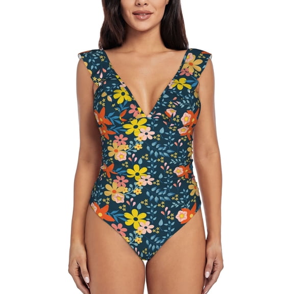 Picia Blue Floral Blooming Jelly Womens Tummy Control Bathing Suits Slimming Ruffle Swimsuit One Piece Lace Swimwear-