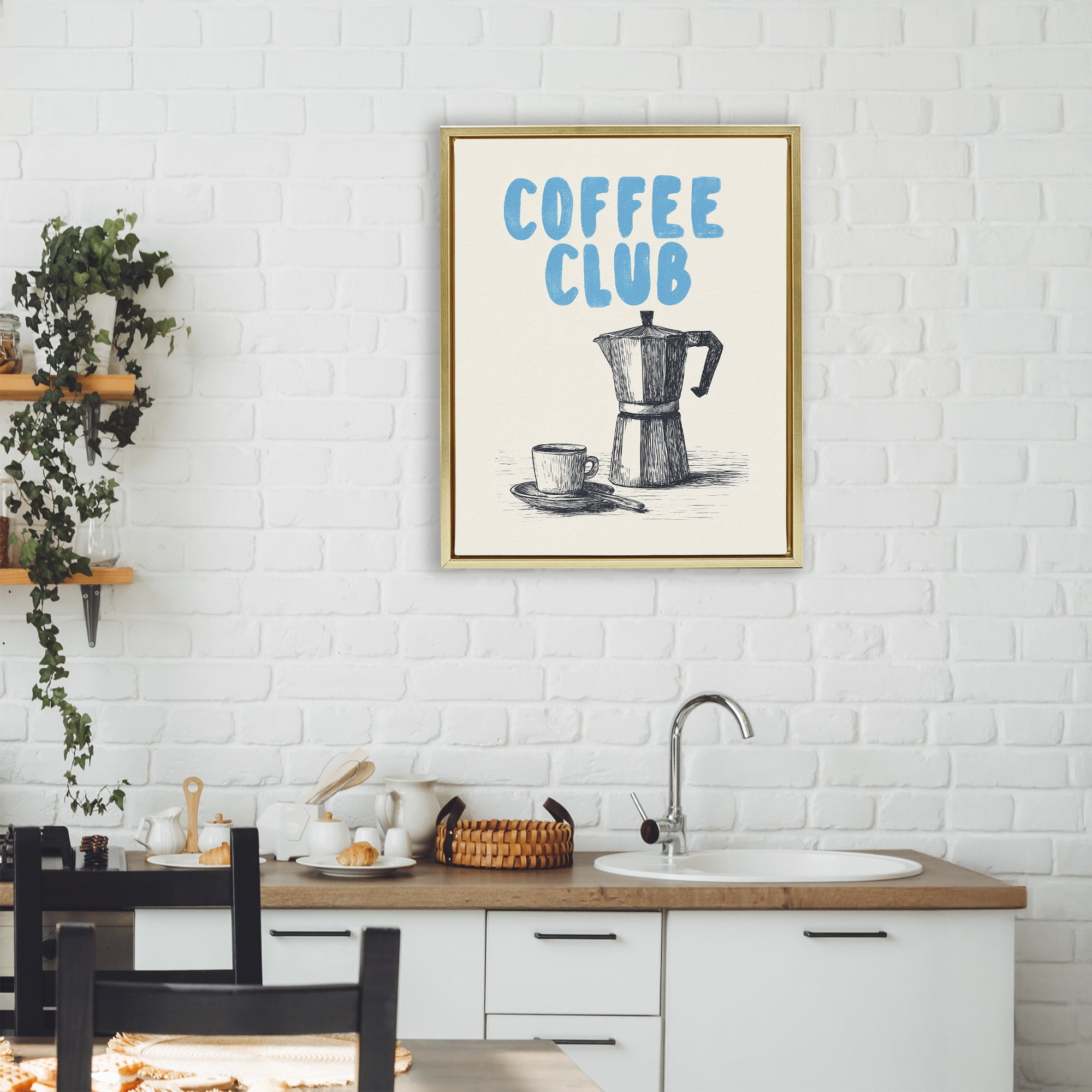 Stupell Industries Coffee Club Retro Drawing Gold Framed Floater Canvas Wall Art, design by Andreas Magnusson