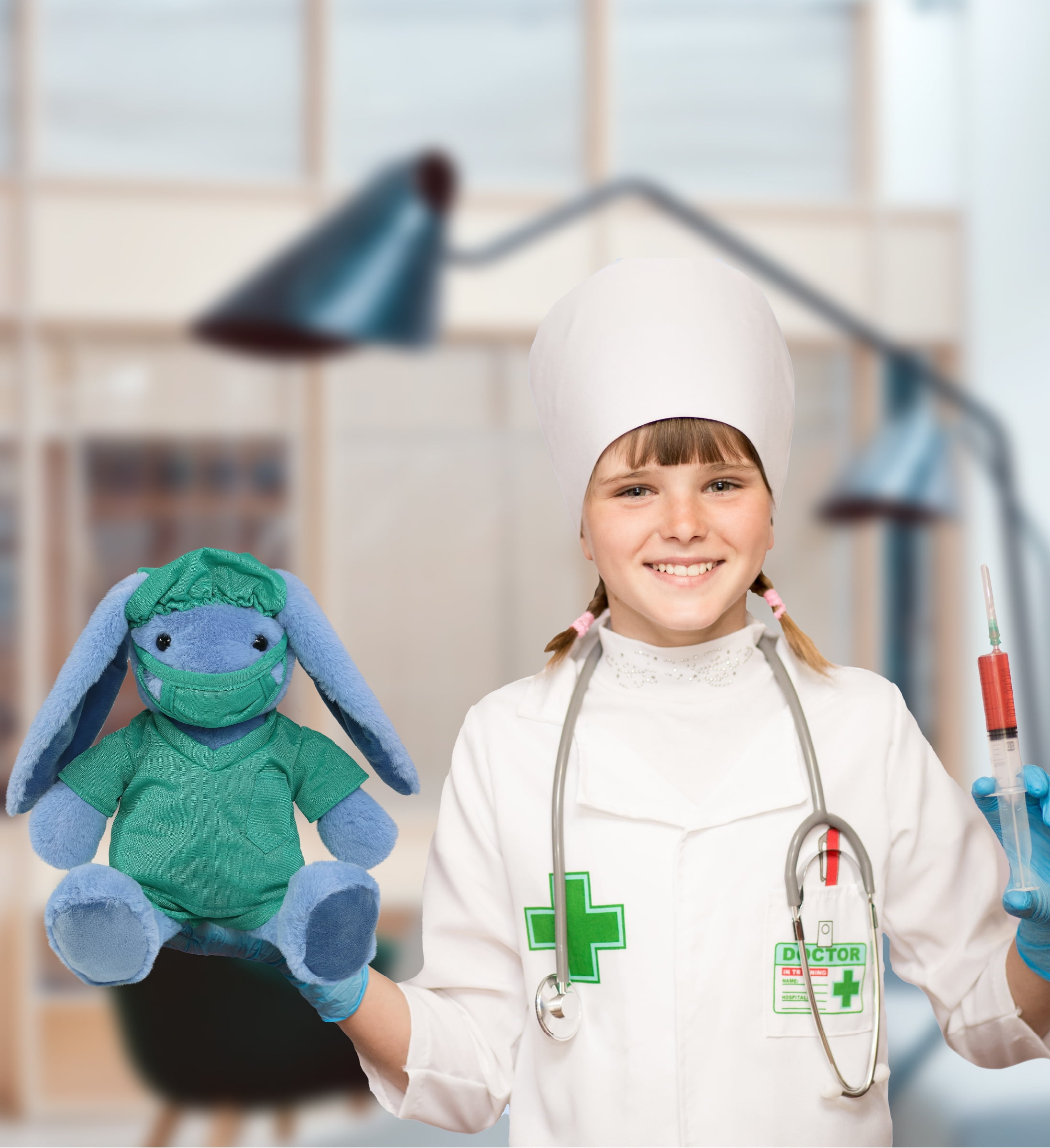 DolliBu Baby Blue Rabbit Doctor Plush Toy - Super Soft Rabbit Doctor Stuffed Animal Dress Up with Cute Scrub Uniform and Cap Outfit - Fluffy Toy Plush Gift for Doctor, Nurse, Surgeon, Dentist - 8 Inch