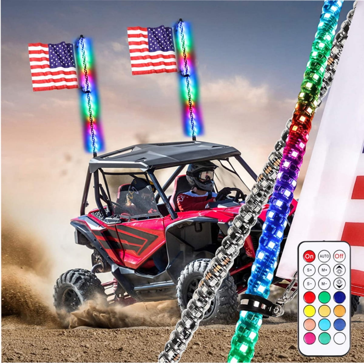 with Flag for UTV ATV Jeep Truck 4X4 SXS Buggy Dune 5ft Recoil Single 5ft Spiral Lighted RGB LED Dancing/Chasing Whip Light with Smartphone App and RF Controller 