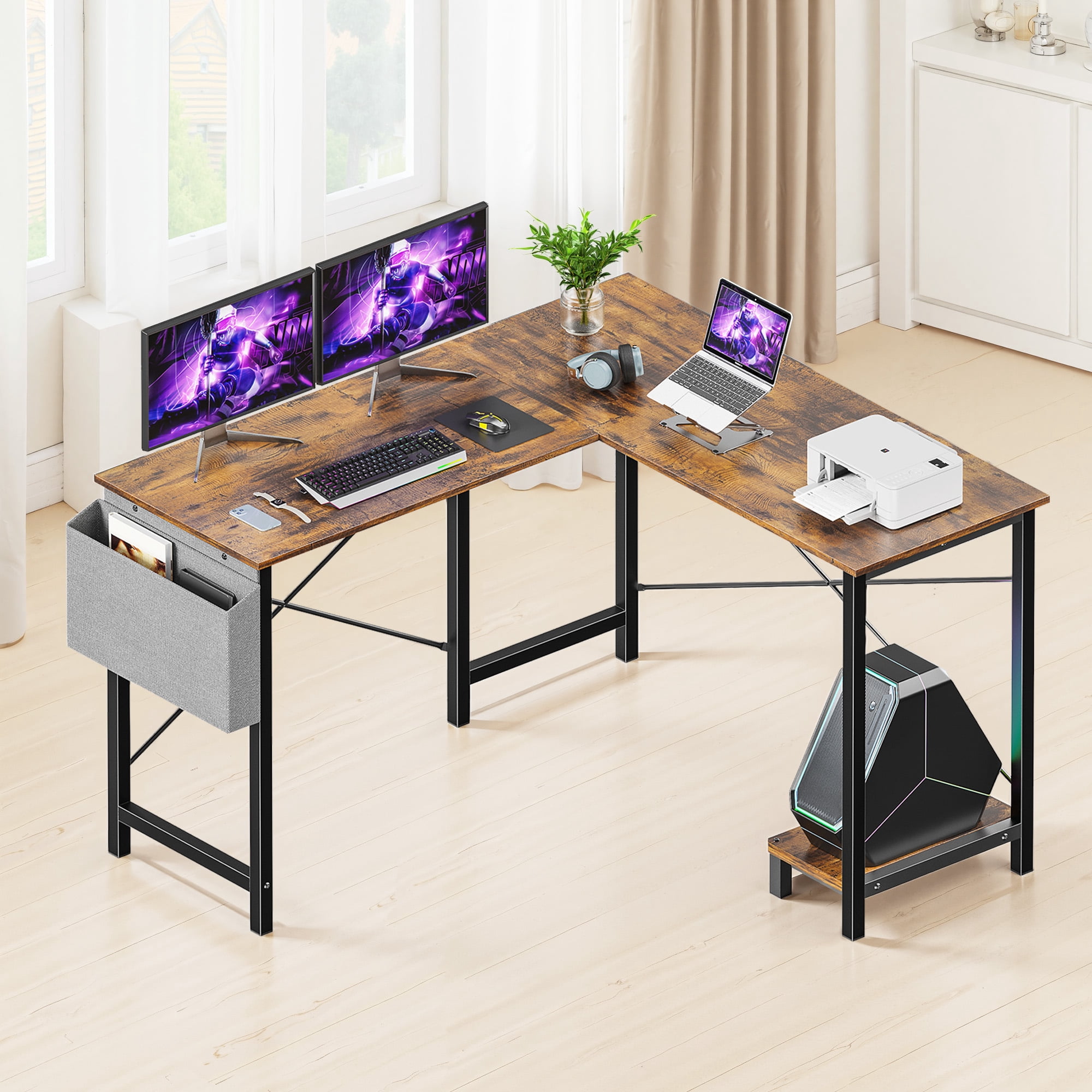MAYEERTY 50in L Shaped Computer Desk, Wooden Writing Study Table for Home Office with CPU Storage Shelf & Side Bag