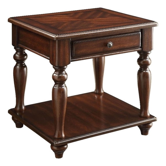 Wooden End Table with 1 Drawer and 1 Bottom Shelf, Walnut Brown- Saltoro Sherpi