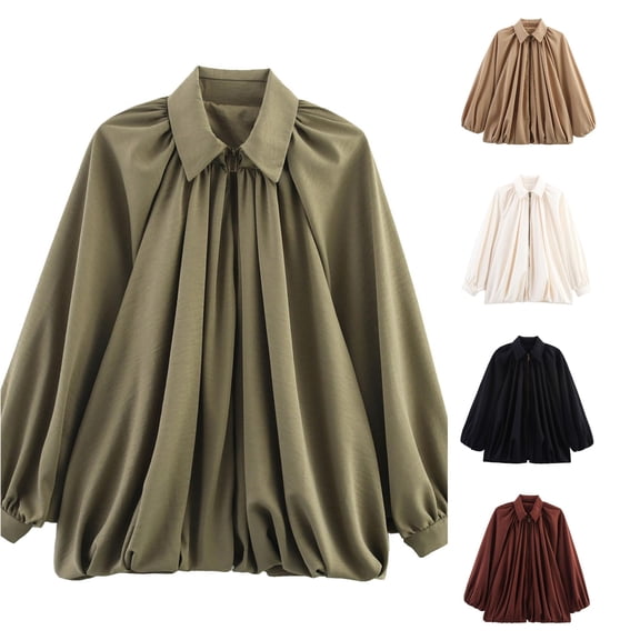 Jane Wardrobe Collared Balloon Sleeve Bomber Jacket for Women, Zip Front Gathered Pleated, Elegant Casual Soft Woven Spring Fall Outerwear, 1 Piece, S-L