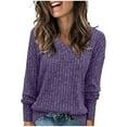 thumbnail image 2 of LEBONYARD Womens Sweaters Lightweight,Women's Winter Casual Solid Color V-neck Long-sleeved Knitted Loose Sweater Top Purple#1 S, 2 of 8