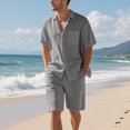 thumbnail image 2 of Men's Linen Cotton Short Sleeve Shirt and Drawstring Shorts Set Solid Color Casual Flip Collar Beach Vacation Travel Loungewear Outfits Modern Fashion Essential | AESTIVO,Gray L, 2 of 8