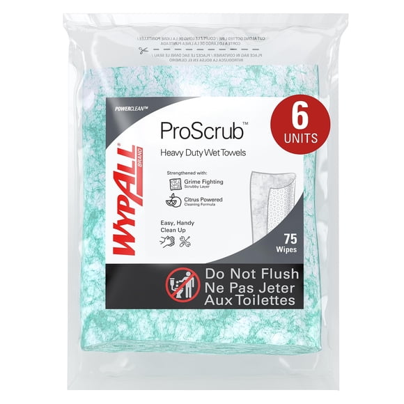 WypAll PowerClean ProScrub Heavy Duty Wet Towels (91367), Dual Action Cleaning, Large 9.5" x 12" Wipes, Refill Only (6 Packs of 75 Sheets, 450 Sheet