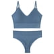 thumbnail image 3 of Conjunto de lencería sin costuras de 2 piezas con cuello en V para mujer: sujetador sin relleno y tanga, poliéster, color liso, estilo sexy/casual, adecuado para primavera/verano, 3 of 8