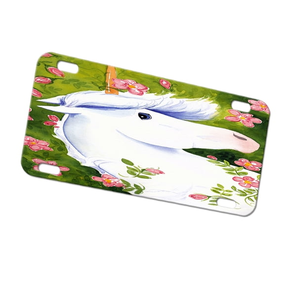 KuzmarK Automobile Car Tag License Plate - Blue-Eyed Unicorn with Pink Roses Art by Denise Every