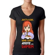 Anime Shirts for Women Cute Sleep V-Neck Shirts for Women Graphic Tees Just a Girl Who Loves Anime and Ramen Top Funny Novelty T-Shirt for Anime Lover