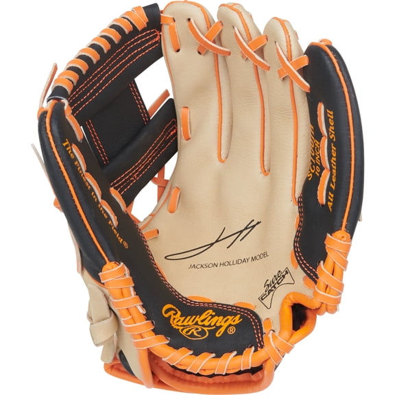Rawlings Sure Catch Jackson Holliday Youth Baseball Glove | 10-Inch | Camel/Black/Orange | Pro-I Web