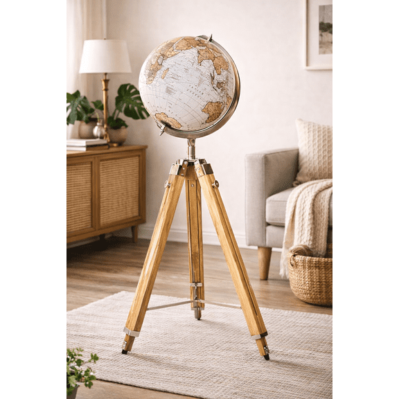 Decorative World Globe with Wooden Tripod Stand | 12 Inch Diameter Rotating Globe for Home & Office Décor